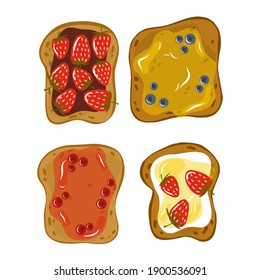Delicious toast for breakfast. Breakfast options. Healthy food for breakfast. Toast with  honey, jam. Flat illustration