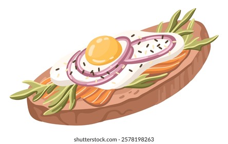 Delicious Toast with Egg and Salmon. Healthy Breakfast idea. Vector.