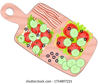 Delicious toast on a wooden cutting board with sliced cucumber, olives and bacon on a bed of salad leaves. Tasty snack. Delicious sandwich. Vector stock illustration on a white background. Isolate on white.