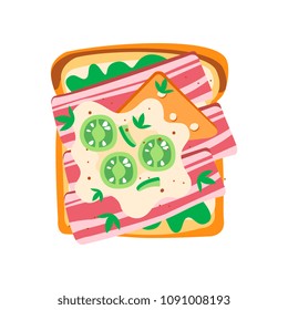Delicious toasted bread with green salad, mozzarella cheese, bacon and cucumber slices. Tasty sandwich. Flat vector design