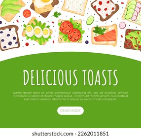 Delicious toasts landing page template. Healthy sandwiches with different natural ingredients for breakfast menu, healthy nutritious eating for web banner cartoon vector