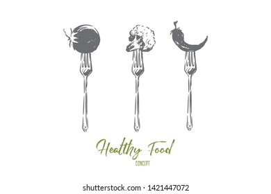 Delicious tomato, broccoli and hot chili pepper, vegetarian lifestyle, natural meal, salad ingredients. Organic food on forks, healthy nutrition concept sketch. Hand drawn vector illustration