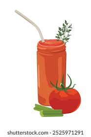 Delicioso zumo de tomate en un vaso, paja y ramitas de perejil. Palitos de apio y tomate. Ilustración vectorial de bebida de jugo de verduras rojas frescas. Vegetarianismo, comida cruda, dieta de jugo, estilo de vida saludable