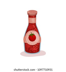 Delicious tomato sauce in glass bottle with label. Tasty condiment for dishes. Flat vector design for promo poster or flyer