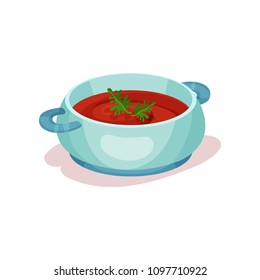 Delicious tomato soup in blue saucepan. Icon of tasty dish. Healthy nutrition. Flat vector design for recipe book or cafe menu