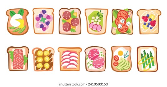 Delicious top view sandwiches. Fresh products, tasty food, meat, vegetables and fruits on bread toasts, tasty ingredients, vector set.eps
