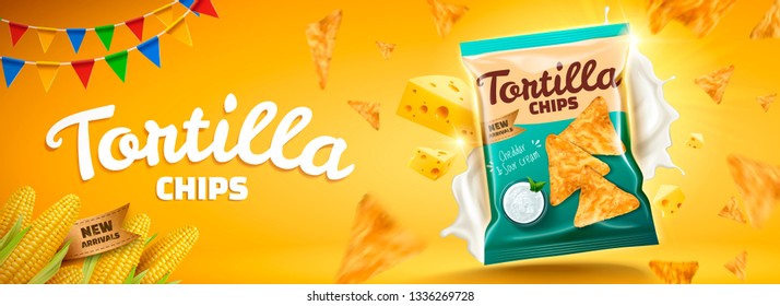 Delicious tortilla chips banner ads with flying cheese and cookies on yellow background in 3d illustration