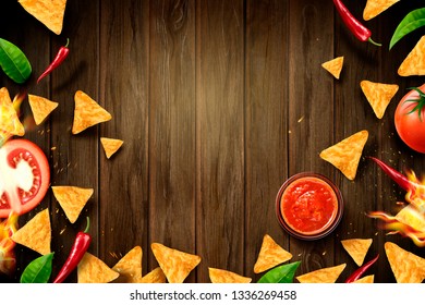 Delicious tortilla chips and salsa sauce on wooden table background in 3d illustration