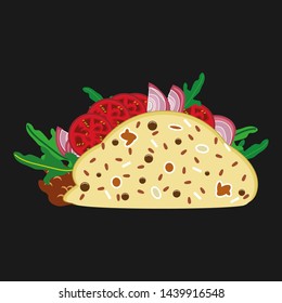 Delicious tortilla with meat and vegetable filling. Taco, pancake, hamburger with minced meat, tomatoes, onions and lettuce. Vector illustration