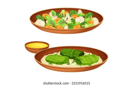 Delicious traditional Asian cuisine dishes set. Dolma and stewed vegetables vector illustration