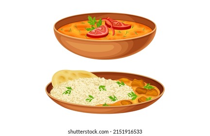 Delicious traditional Asian cuisine dishes set. Soup, stewed meat and rice vector illustration