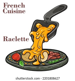 Delicious traditional French melted raclette cheese served in individual skillets