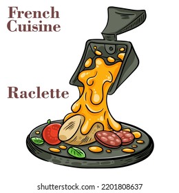 Delicious traditional French melted raclette cheese served in individual skillets