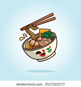 Delicious traditional Indonesian meatball noodle  - Mie Bakso with chopstick on bowl. Food vector cartoon illustration