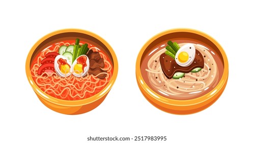 Delicious Traditional Korean Noodle Dishes in Bright Bowls Featuring Rich Toppings Like Egg, Vegetables and Meat