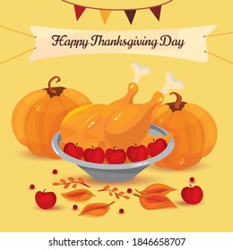 Delicious traditional thanksgiving turkey with pumpkin and cranberries decorated with autumn leaves, thanksgiving invitation, banner illustration in honor for thanksgiving