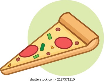 Delicious triangle pizza slice. Vector Illustration food drawing. Yummy Fast Food with simple flat outlined cartoon art styled drawing isolated on green circle element and square white background.