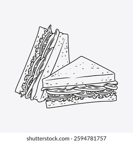 Delicious Triangle Sandwich Filled with Vegetables. Thin Line Illustration.
