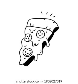 Delicious triangular slice of pizza. Italian fast food Linear doodle style. Vector on isolated white background. For printing on cards, invitations, tattoo, clothing design
