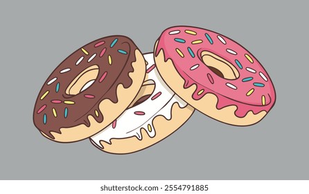 delicious trio of colorful donuts with sprinkles on gray background