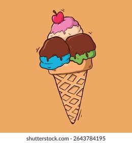 Delicioso triplo Scoop Ice Cream Cone ilustração Summer Treat, Sobremesa doce, gráfico vetor colorido
