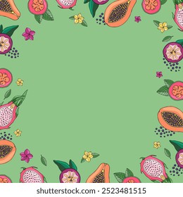 Delicious tropical fruit frame on a green background. Vector freehand drawing, papaya, pitaya, kaimito, guava