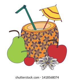 delicious tropical fruit with pineapple beverage, pear, apple and cherry icon cartoon vector illustration graphic design
