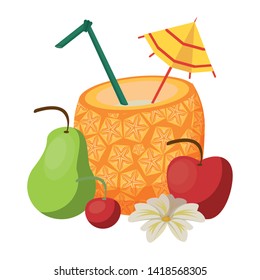 delicious tropical fruit with pineapple beverage, pear, apple and cherry icon cartoon vector illustration graphic design