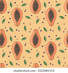 Delicious tropical fruits bright seamless pattern Vector design pattern, hand drawing, papaya