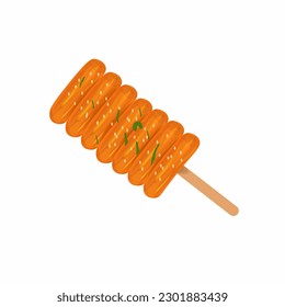 Delicious Tteokbokki or rice cakes tteokbokki isolated on white background. Korean street food, cartoon style, vector illustration, top view.