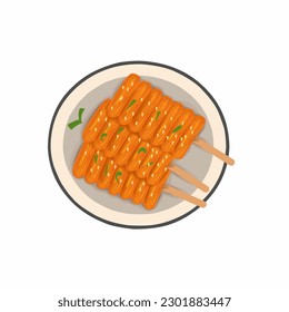 Delicious Tteokbokki or rice cakes tteokbokki isolated on white background. Korean street food, cartoon style, vector illustration, top view.