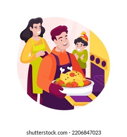 Delicious turkey isolated cartoon vector illustration. Father taking out baked turkey from the oven, young family preparing for Christmas holiday celebration together vector cartoon.