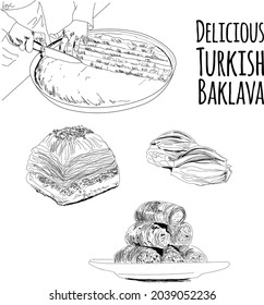 Delicious turkish baklava. Hand drawn sketch desserts. Vector illustration 