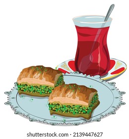 A delicious Turkish dessert on a blue tile plate. Baklava is a famous delicacy. Served with hot tea. vector