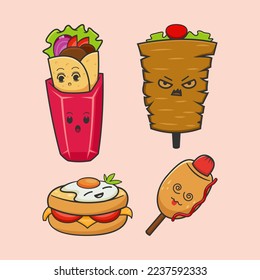 Delicious turkish food cute kebab character set