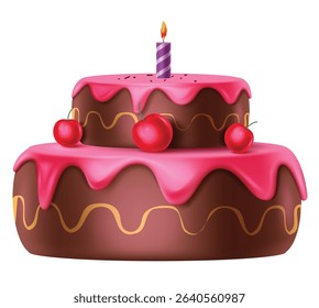 Delicious Two Layers of Chocolate Cake with Pink Frosting, Cherries, and a Candle for Celebration