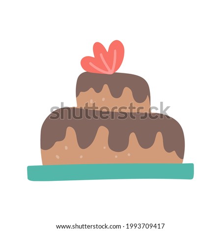 Delicious two tiers cake flat vector illustration. Sweet multi layered dainty with chocolate icing. Confectionery, candy shop menu isolated item. Tasty confection, homemade delicacy, bakery product.