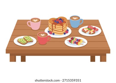 Delicioso café da manhã do dia dos namorados com panquecas em forma de coração, bagas frescas e xícaras de café em mesa de madeira.