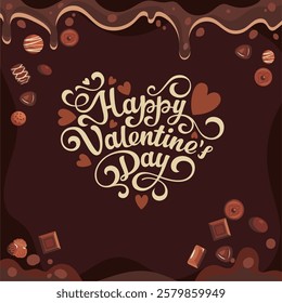 A delicious Valentine's Day illustration featuring heart hand-lettering, dripping chocolate, and scattered pralines. A perfect festive design for Valentine's greeting cards, posters, and digital media