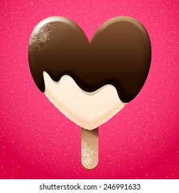 Delicious vanilla ice cream with chocolate melted top, vector graphic bright sweet food icon 