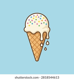 A delicious vanilla ice cream cone with rainbow sprinkles melting on a light blue background.