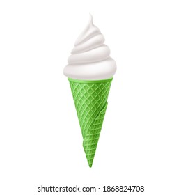 Delicious Vanilla Ice Cream in Green Waffle Cone. Street Fast Food, Sweet Milky Dessert Creative illustration Isolated on White