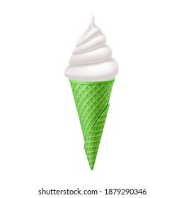 Delicious Vanilla Ice Cream in Green Waffle Cone. Street Fast Food, Sweet Milky Dessert Creative illustration Isolated on White