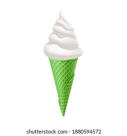 Delicious Vanilla Ice Cream in Lime Waffle Cone. Street Fast Food, Sweet Milky Dessert Creative illustration Isolated on White Background