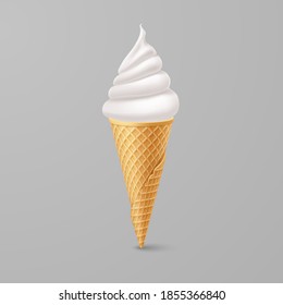 Delicious Vanilla Ice Cream in Waffle Cone. Street Fast Food, Sweet Milky Dessert Creative illustration Isolated on Gray