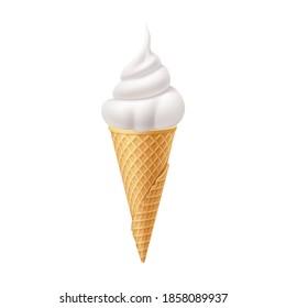 Delicious Vanilla Ice Cream in Waffle Cone. Street Fast Food, Sweet Milky Dessert Creative illustration Isolated on White Backdrop.