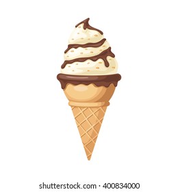 Delicious vanilla ice cream in a waffle cone. Ice cream with chocolate and nuts. Ice cream isolated on white background. Vector illustration ice cream for web design or print