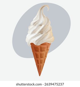 Delicious vanilla soft serve ice cream in a classic waffle cone. Tasty summer dessert illustration in cartoon style. Isolated on white background. Perfect for food packaging, menu design, or web.