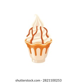 Delicious Vanilla Soft Serve Ice Cream Sundae with Caramel Syrup in a Cup Isolated on White Background