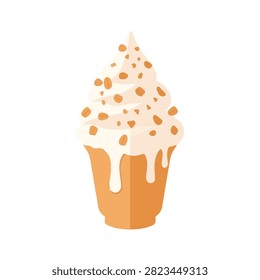 Delicious Vanilla Soft Serve Ice Cream with Nutty Toppings in a Waffle Style Cup Vector Illustration